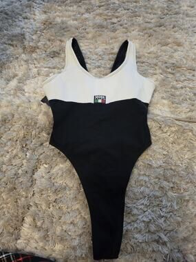 VTG Moda Prima One Piece Swimsuit Large Black White Colorblock High Cut USA